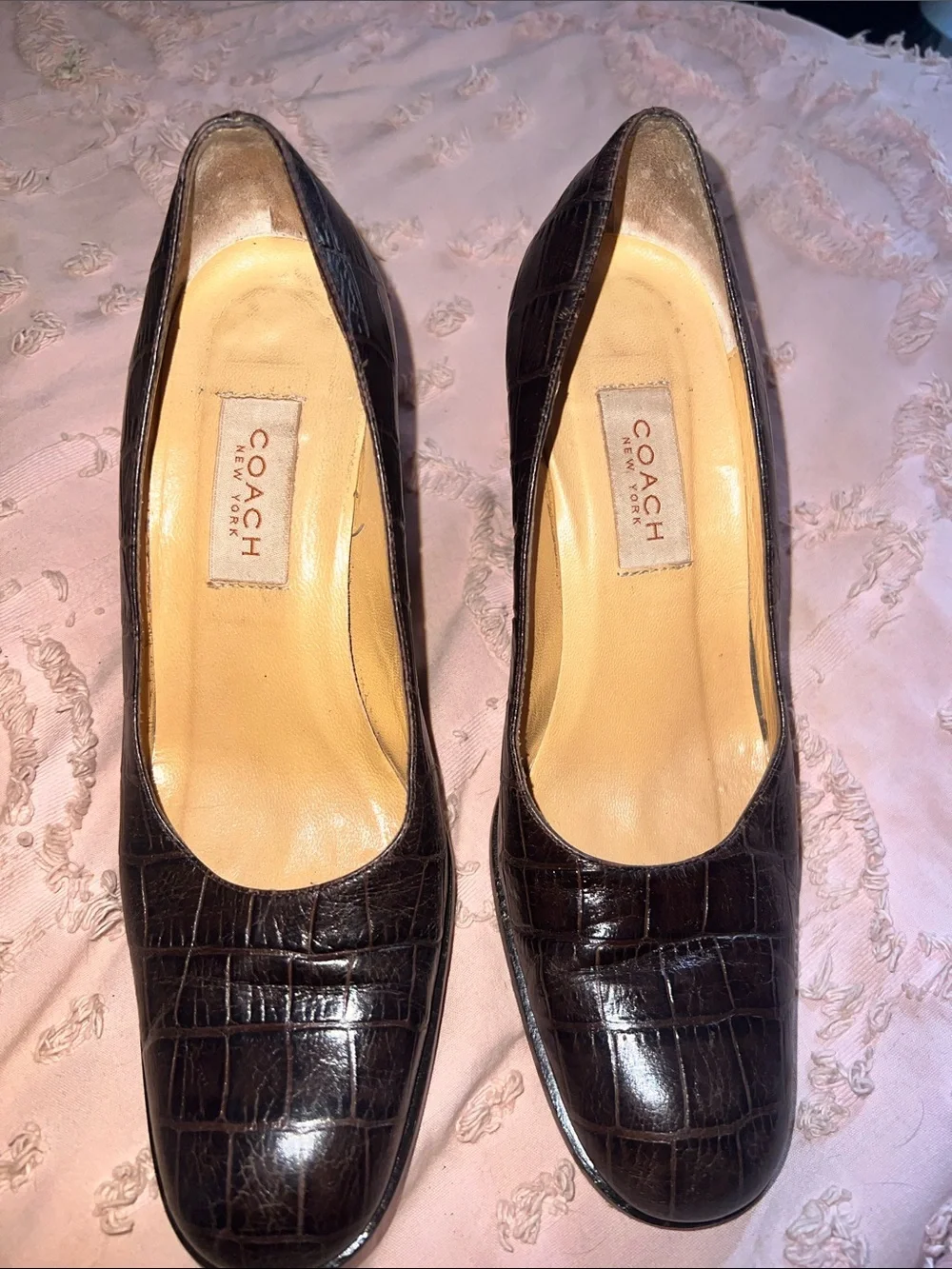 Coach Croc-Embossed Patent Leather Pumps in Dark Brown